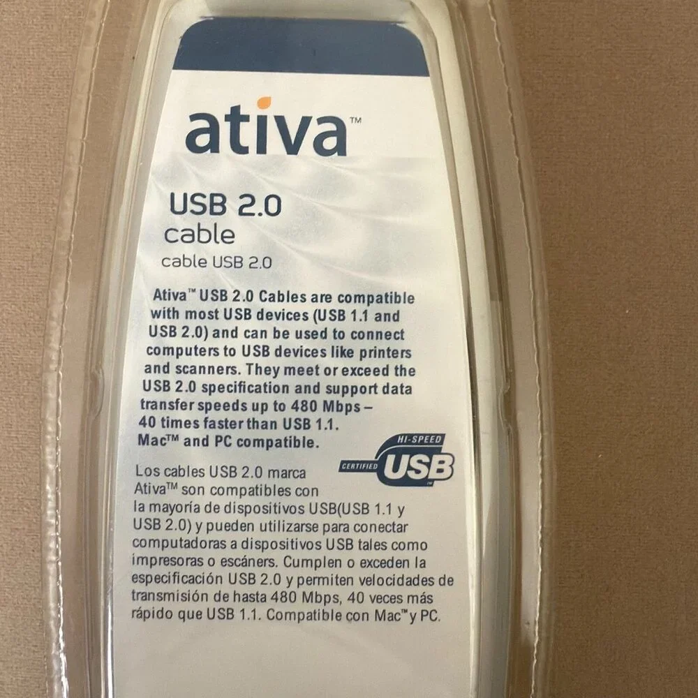 NEW Ativa USB 2.0 Cable 6ft, A to B Plug, Printer Scanner Cord, 480 Mbps
